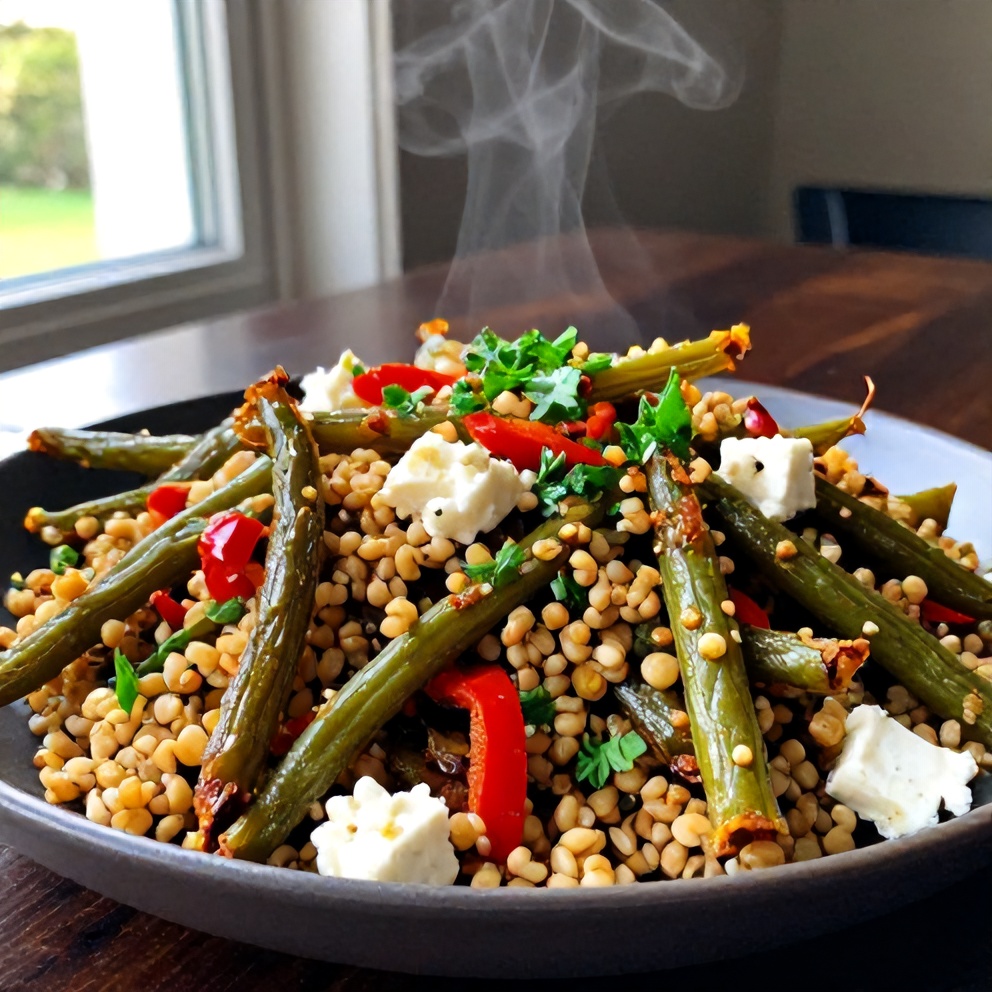 Plated Roasted Green Bean Quinoa Salad with Red Pepper and Feta