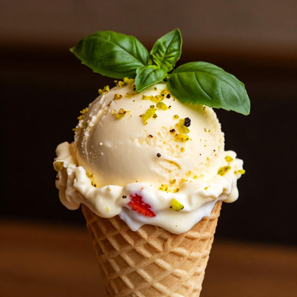 Scoop of Roasted Strawberry Lime Basil Ice Cream on a cone