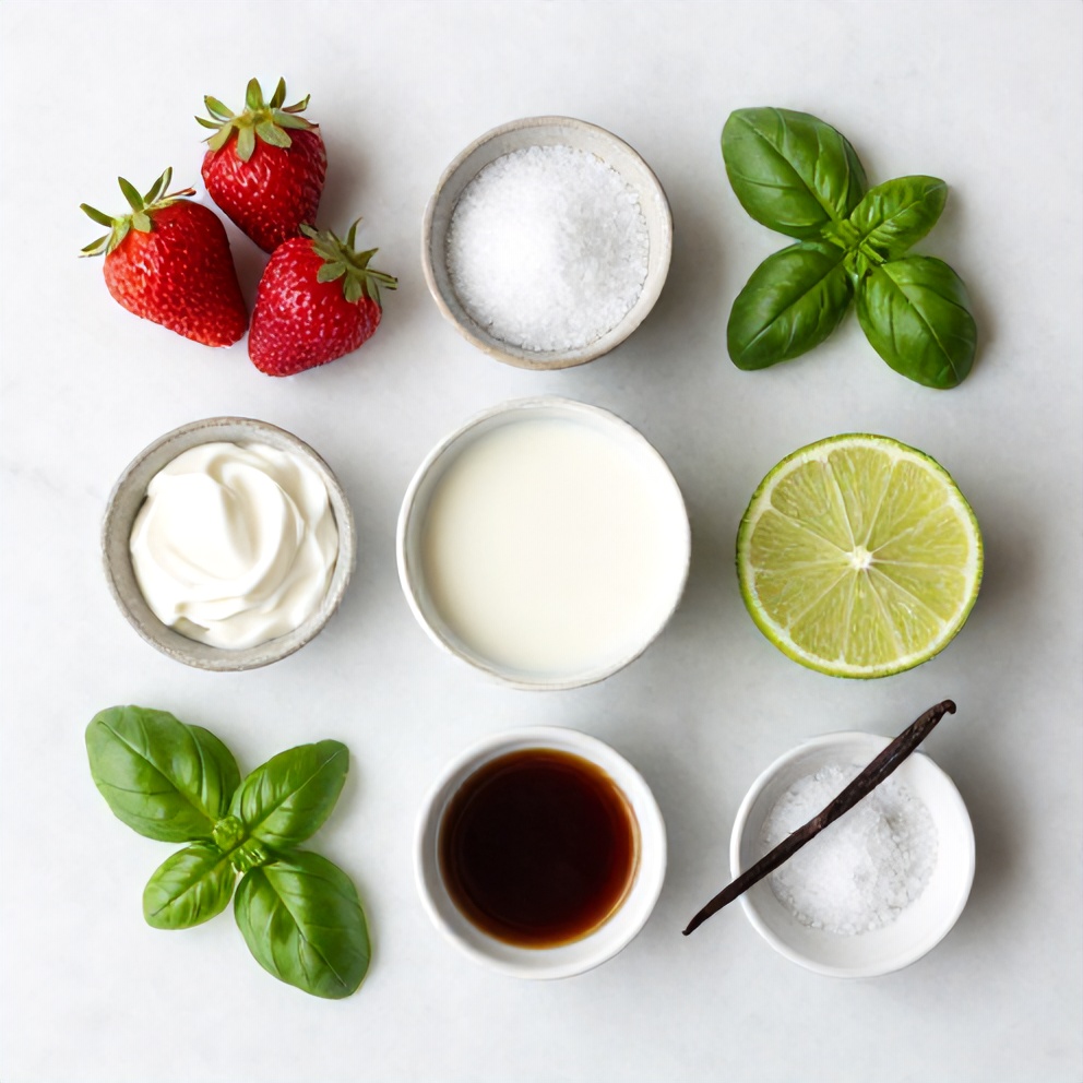Raw ingredients for Roasted Strawberry Lime Basil Ice Cream