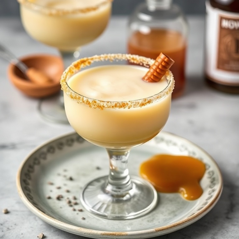 A perfectly plated Salted Butterscotch White Russian cocktail with a salted rim and a butterscotch drizzle on the side