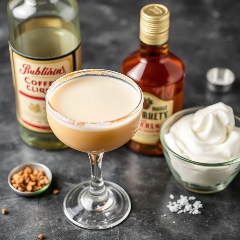 Raw ingredients for Salted Butterscotch White Russian cocktail: coffee liqueur, butterscotch syrup, cream, and a salted rim