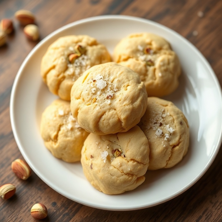 Perfectly plated salty buttery pistachio cookies with a sprinkle of sea salt on top, served on a white ceramic plate with warm side lighting.