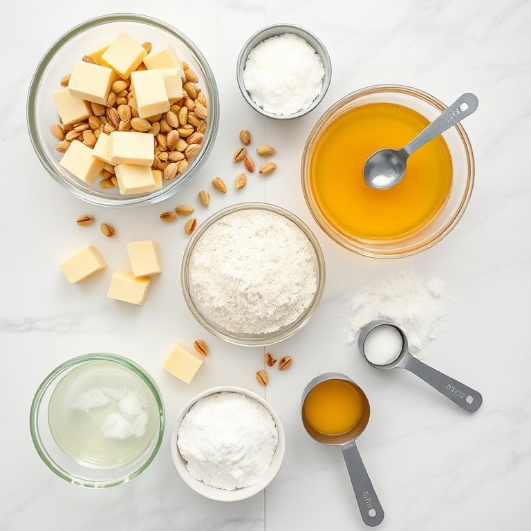 Raw ingredients for salty buttery pistachio cookies: butter, pistachios, flour, sugar, and eggs arranged in a flat lay with measuring cups and spoons nearby.