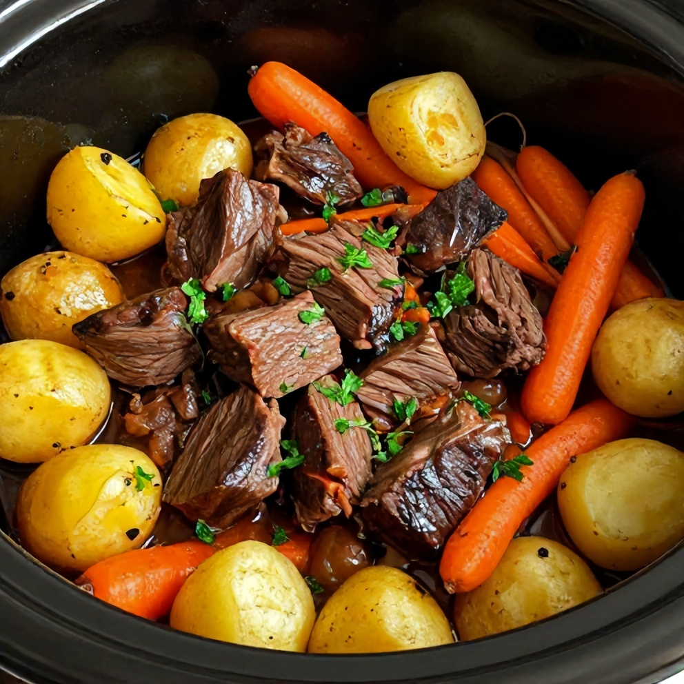 Plated Slow Cooker Chuck Roast with Potatoes and Carrots