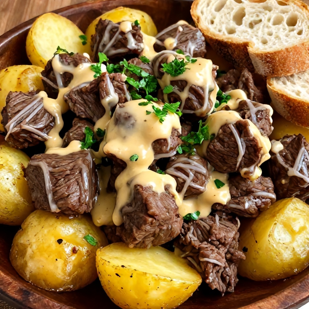 Plated slow cooker garlic butter beef bites with potatoes