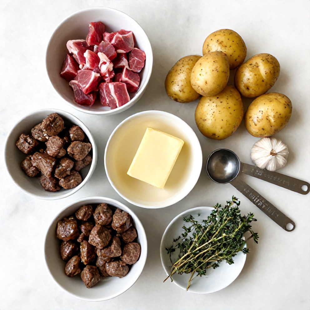 Raw ingredients for slow cooker garlic butter beef bites with potatoes