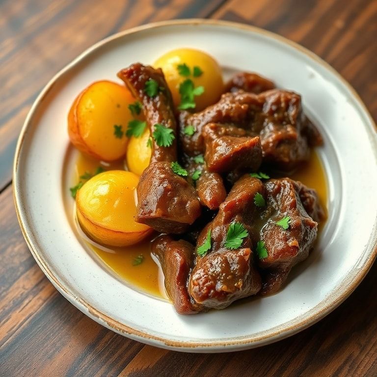 A plated serving of slow cooker garlic butter beef garnished with fresh parsley on a white ceramic plate