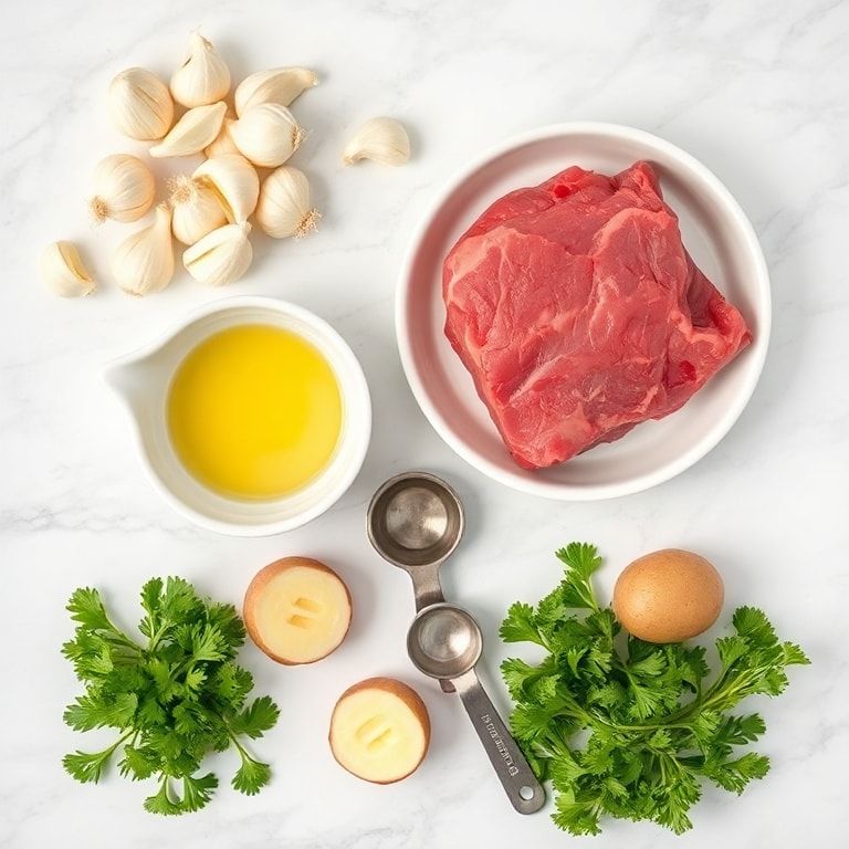 Raw beef chunks, whole garlic cloves, butter, baby potatoes, fresh parsley in prep bowls