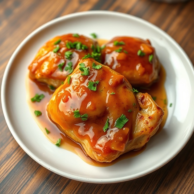 Plated slow cooker honey garlic chicken thighs garnished with fresh parsley on white ceramic plate