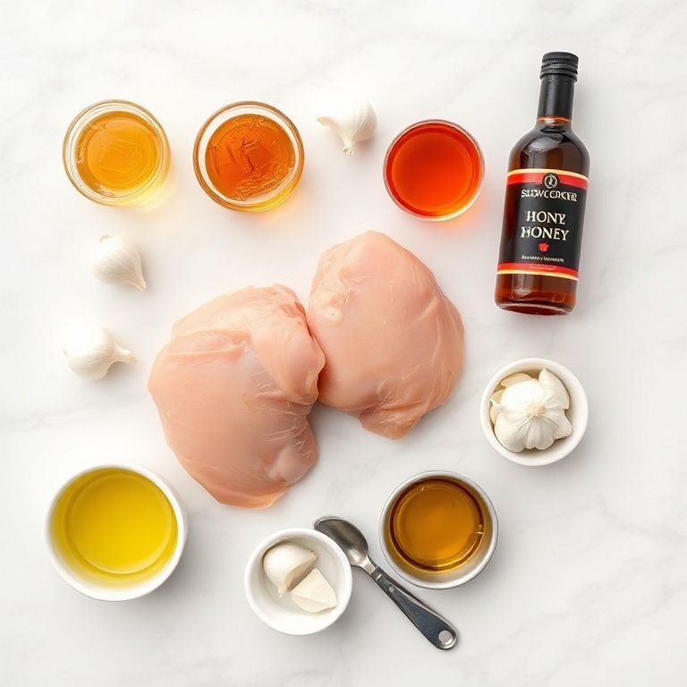 Raw chicken thighs, honey, garlic cloves, soy sauce, olive oil arranged with measuring spoons on white marble surface