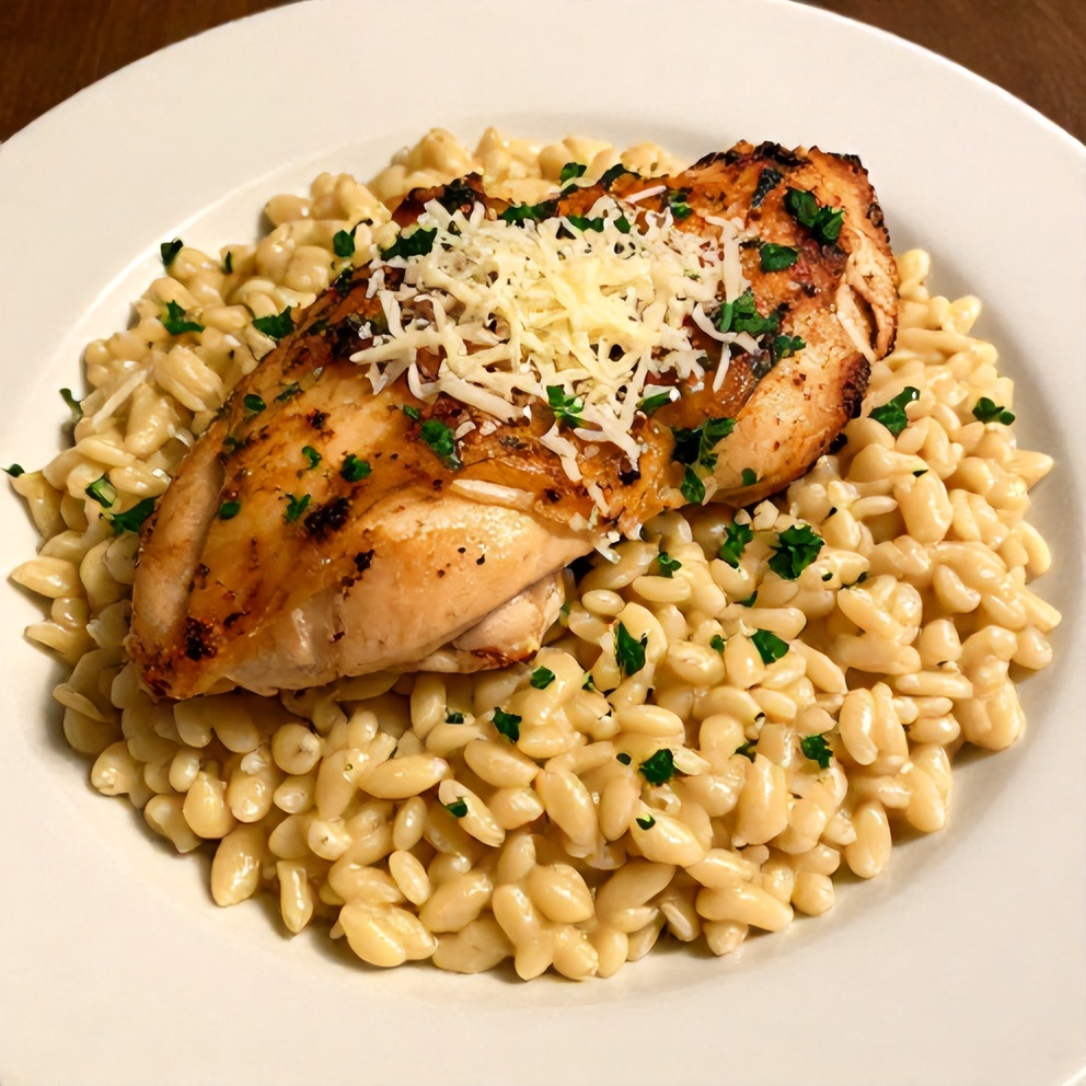 Parmesan Herb Chicken with Creamy Orzo plated