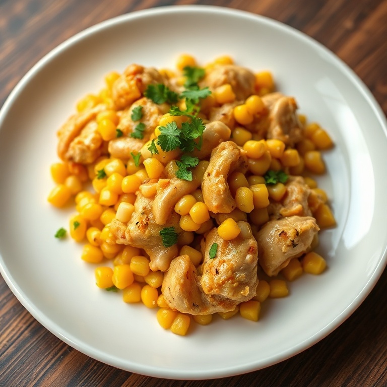 Golden chicken with sweet corn and creamy sauce on a plate