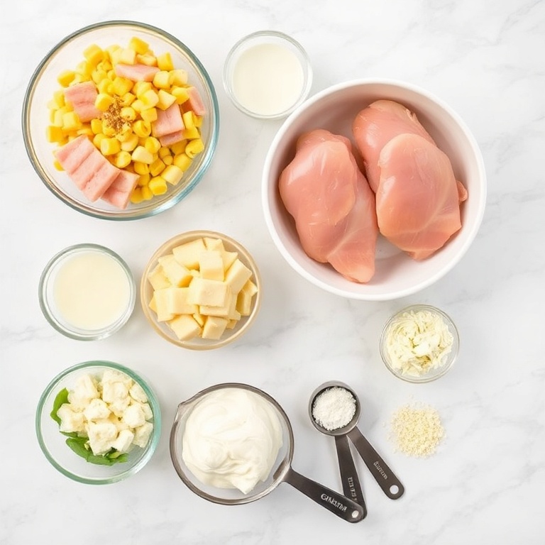Chicken, corn, garlic, mayonnaise, cheese, and seasoning in a bowl