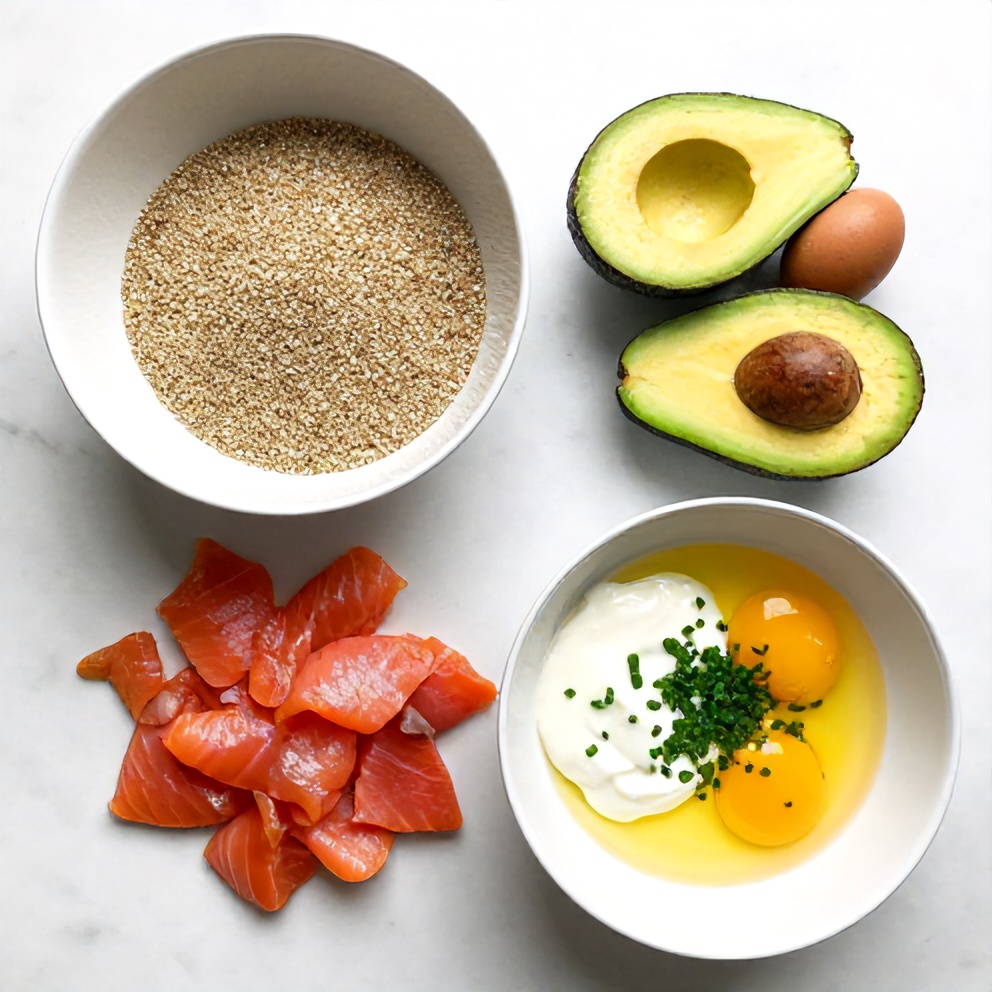 Raw ingredients for smoked salmon quinoa breakfast bowls: quinoa, smoked salmon, avocado, eggs, fresh herbs, and Greek yogurt