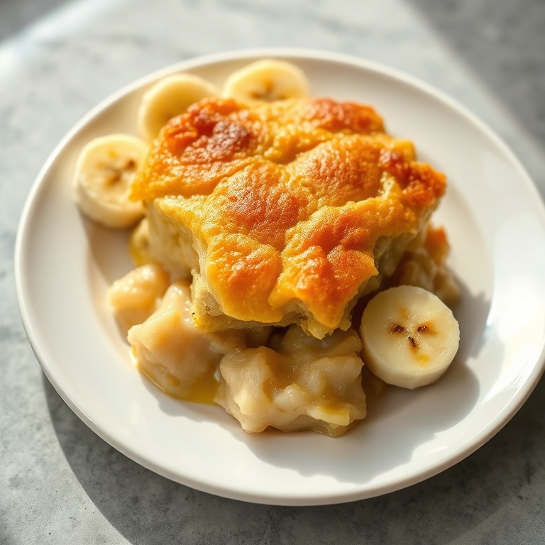 Plated serving of southern banana cobbler garnished with fresh banana slices on white plate