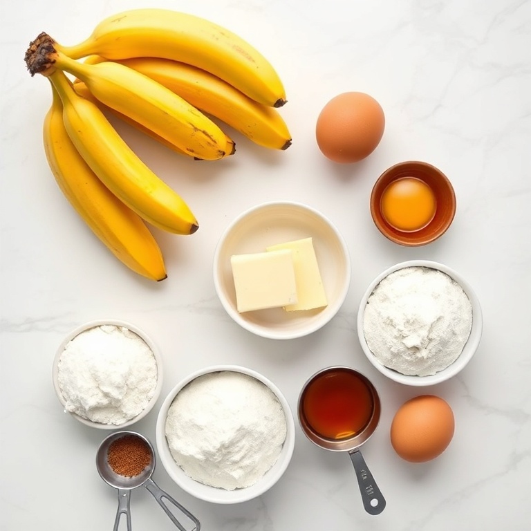 Raw ingredients for southern banana cobbler including ripe bananas, flour, sugar, butter, and eggs arranged overhead