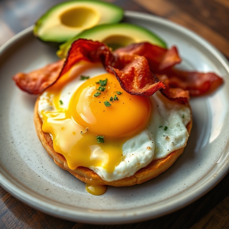 One perfect plated serving with crispy bacon, runny egg, and melted cheese. Garnished with avocado. Close crop. Warm side lighting. Photorealistic food photography style.
