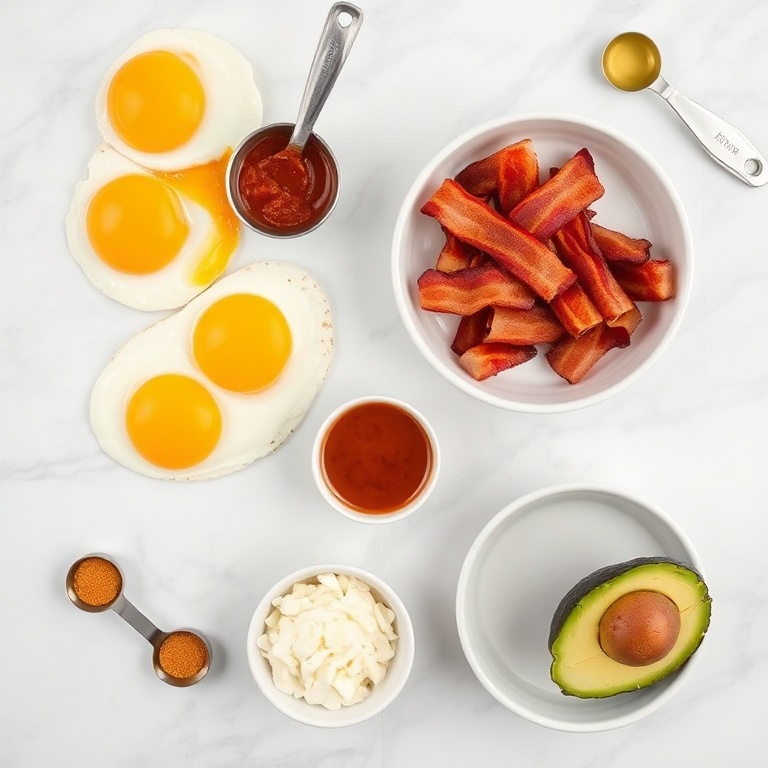 Eggs, bacon, chipotle sauce, bread, cheese, and avocado arranged in an overhead flat lay. Measuring spoons and bowls visible. White marble surface. Bright even natural light.