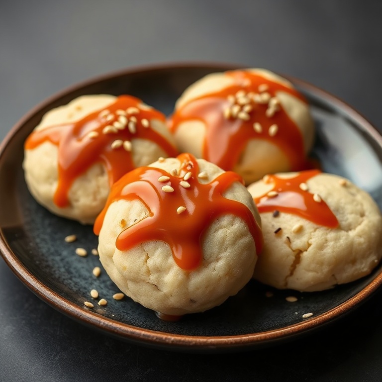 Plated cookies with gochujang caramel drizzle. Garnished with sesame seeds. Dark ceramic plate. Warm lighting highlighting texture.
