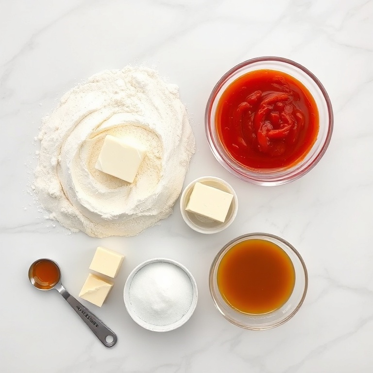 Overhead flat lay of flour, butter, gochujang, sugar, and caramel. Measuring spoons and bowls visible. White marble surface. Bright even light.