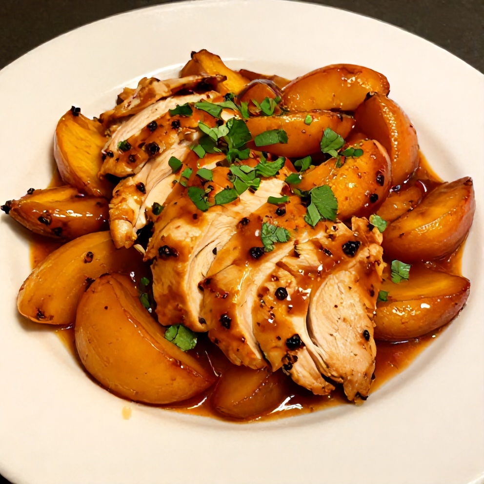 Plated Spicy Jalapeño Peach Chicken with garnish