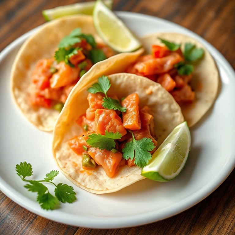 Spicy Tuna Tartare Wonton Tacos on a white plate with lime and cilantro garnish