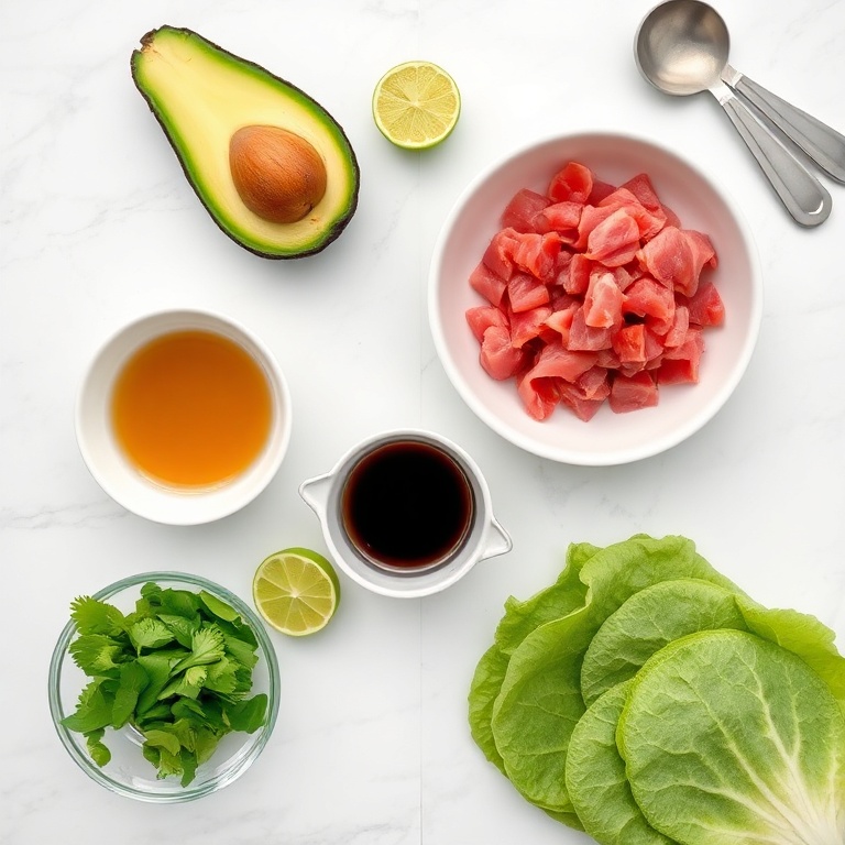 Fresh tuna, avocado, soy sauce, lime, and won ton wrappers arranged in a flat lay