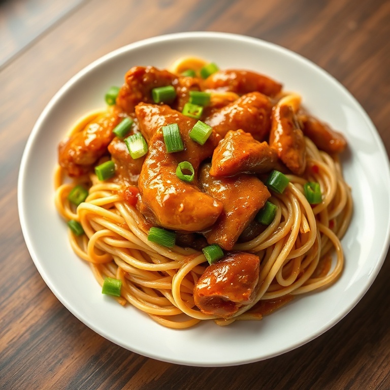Single plated serving of sticky garlic chicken noodles garnished with sliced green onions on a white round plate with warm side lighting