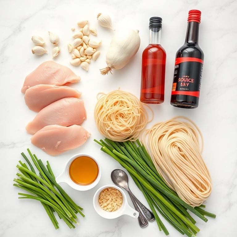 Overhead flat lay of raw ingredients for sticky garlic chicken noodles including chicken breasts, garlic cloves, egg noodles, green onions, soy sauce and honey on white marble surface