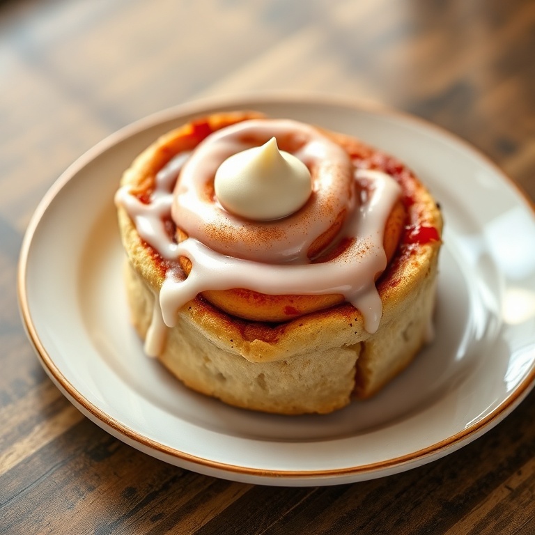 Strawberry Cheesecake Cinnamon Rolls on a ceramic plate with a swirl of cream cheese icing