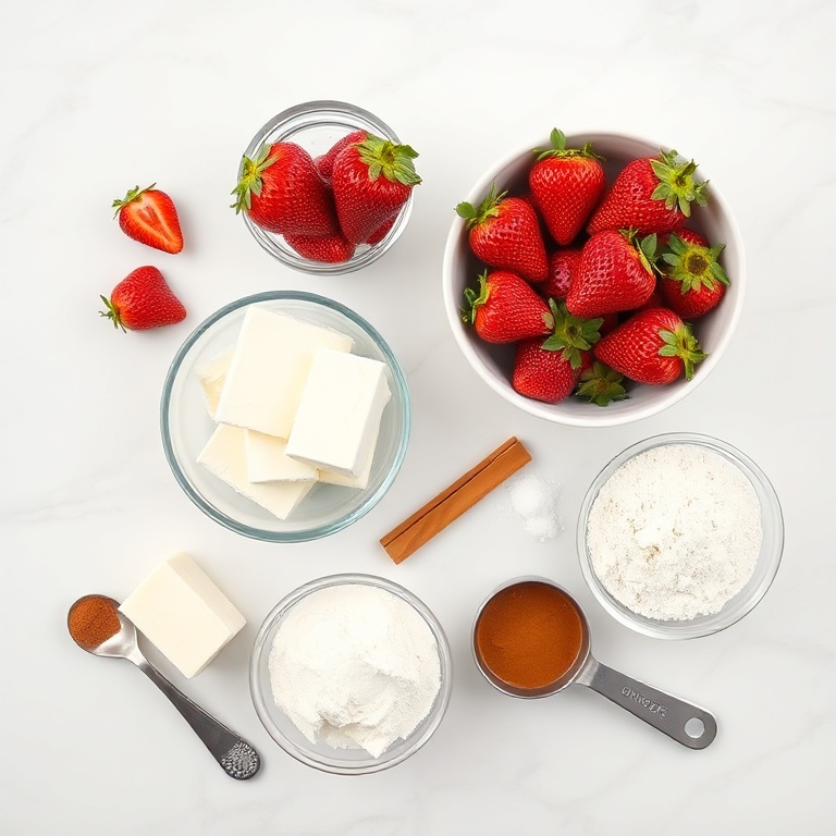 Fresh strawberries, cream cheese, cinnamon, flour, and butter arranged in a flat lay