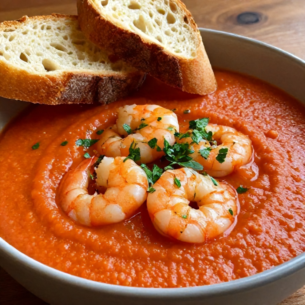 Plated serving of summer gazpacho with shrimp, garnished with fresh herbs