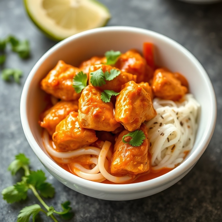 Plated Sweet Chili Chicken Bowl garnished with fresh cilantro served in a white ceramic bowl