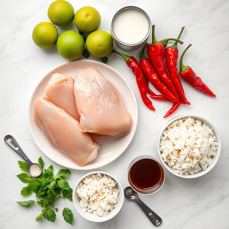 Raw ingredients for Sweet Chili Chicken Bowl including chicken thighs, red chili peppers, limes, coconut milk, and rice in an overhead flat lay