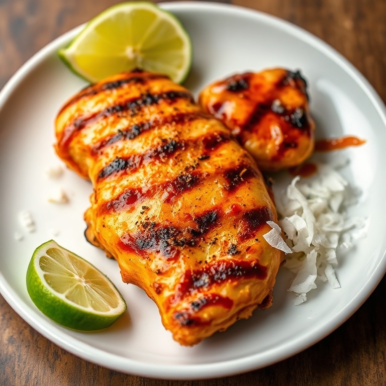 Plated Sweet Chili Coconut Lime Grilled Chicken with a lime wedge and coconut flakes on a white ceramic plate.