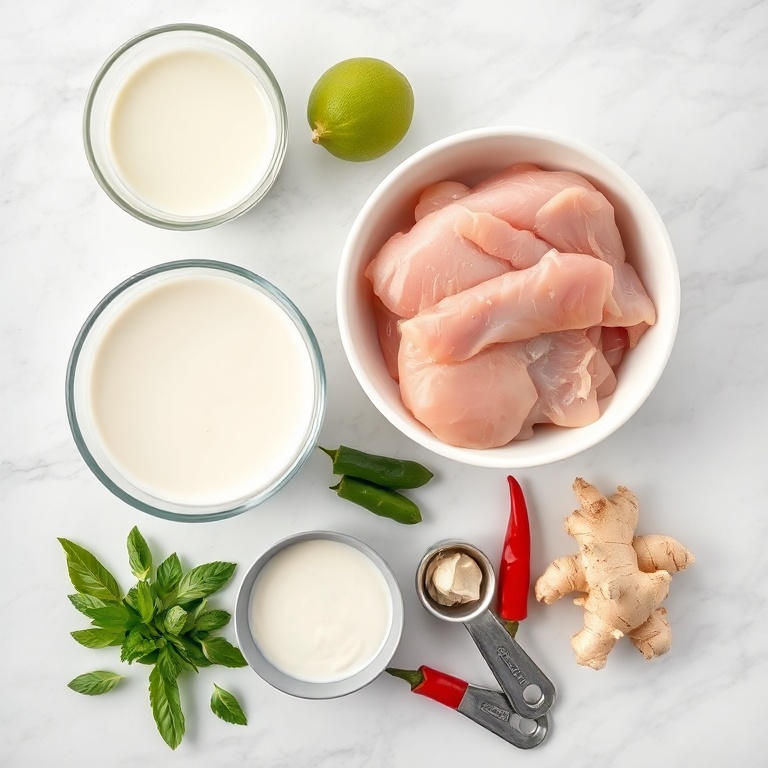 Raw chicken, coconut milk, lime, chili, garlic, and ginger arranged in an overhead flat lay on a white marble surface.