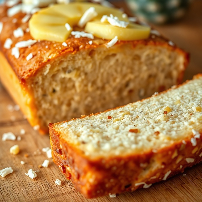 Tropical Coconut Pineapple Banana Bread sliced with fresh pineapple and coconut flakes on top. Close crop showing layers and texture. Warm side lighting. Photorealistic food photography style. No text. No watermark.