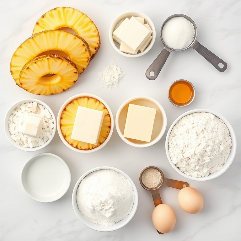 Fresh pineapple slices, ripe bananas, coconut flakes, butter, sugar, flour, baking powder, and eggs arranged in an overhead flat lay. Measuring spoons and cups visible. White marble surface. Bright even light. Photorealistic food photography style. No text. No watermark.
