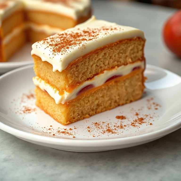 Sliced Tropical Hawaiian Guava Cake. Cream cheese frosting, guava layers, and a sprinkle of cinnamon on a white plate.
