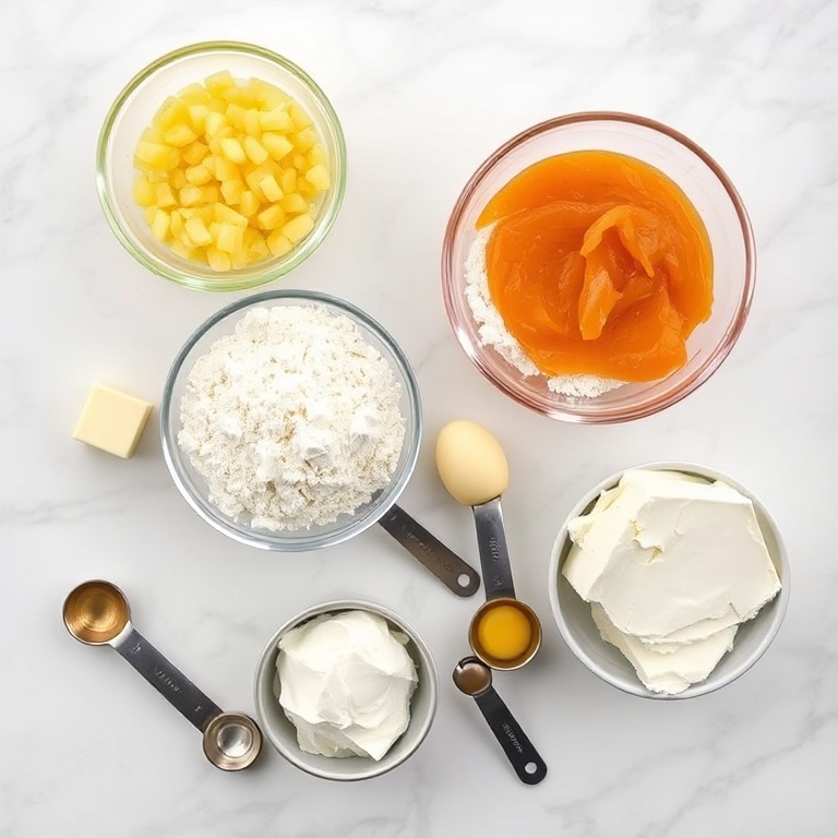 Raw ingredients for Tropical Hawaiian Guava Cake. Guava paste, flour, butter, eggs, and cream cheese. Measuring spoons and bowls on a white marble surface.