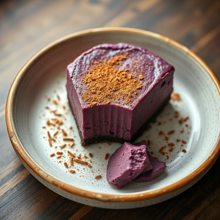 One perfect plated serving of vegan purple sweet potato cheesecake. Topped with a sprinkle of cinnamon. Close crop, food fills 90% of frame. Ceremonial bowl with a rustic texture. Warm side lighting highlighting the texture. Photorealistic food photography style.