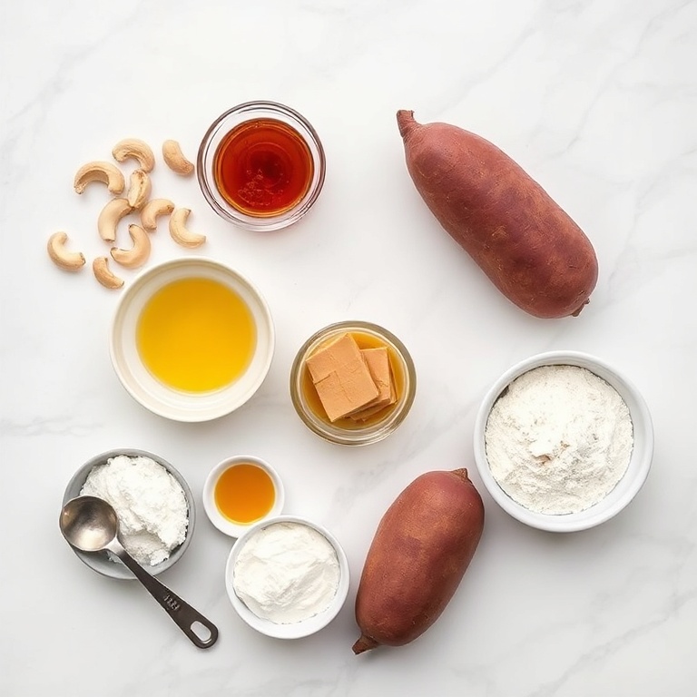 Overhead flat lay of raw ingredients for this vegan purple sweet potato cheesecake recipe. Purple sweet potatoes, cashews, maple syrup, coconut oil, and almond flour visible. Small prep bowls and measuring spoons. White marble surface. Bright even light. Photorealistic overhead food photography.