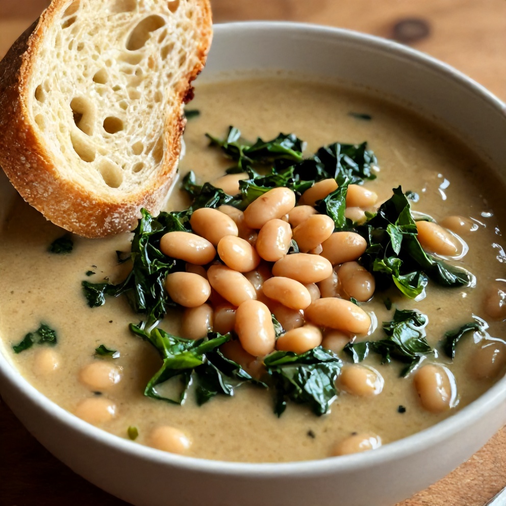 Bowl of White Bean and Kale Soup with a slice of bread