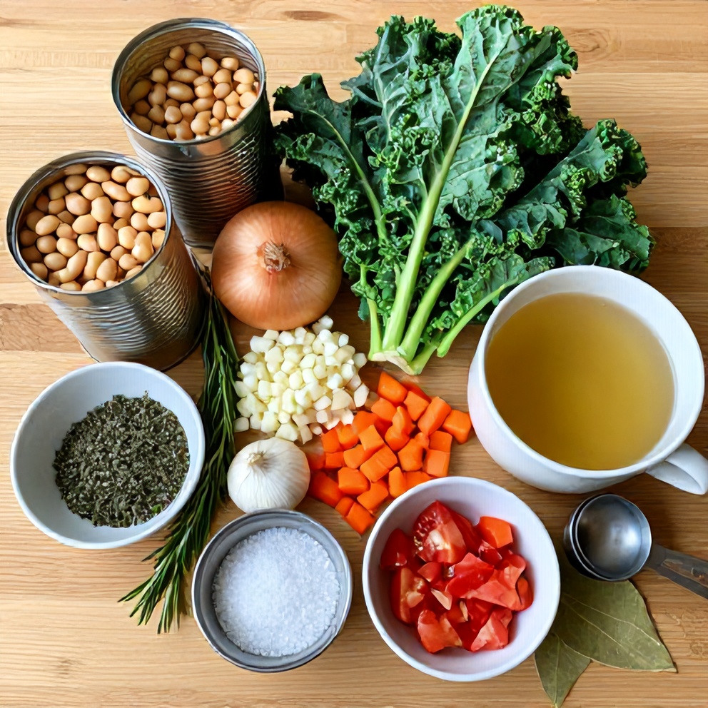 Ingredients for White Bean and Kale Soup on a wooden surface
