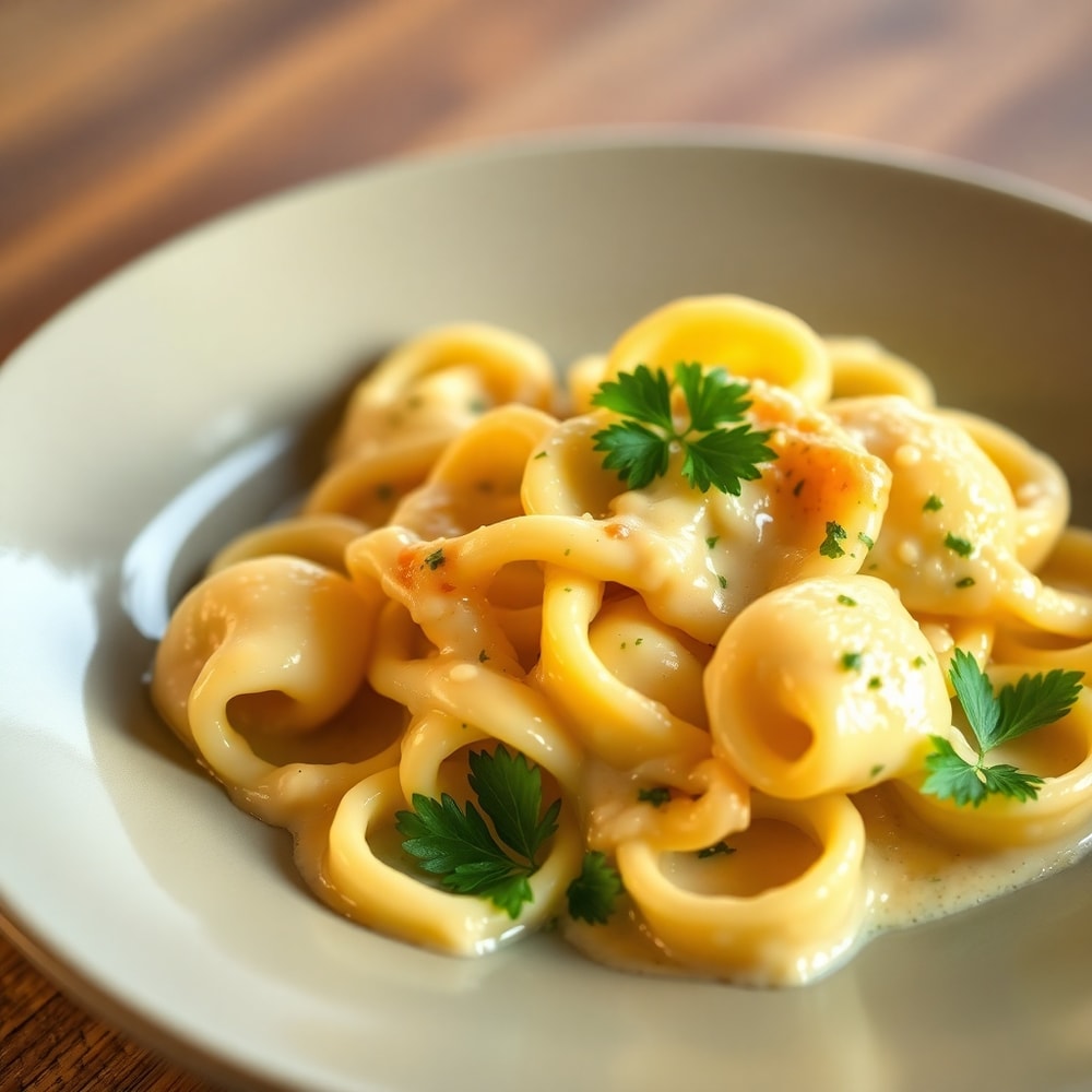 Plated tortellini carbonara with fresh parsley