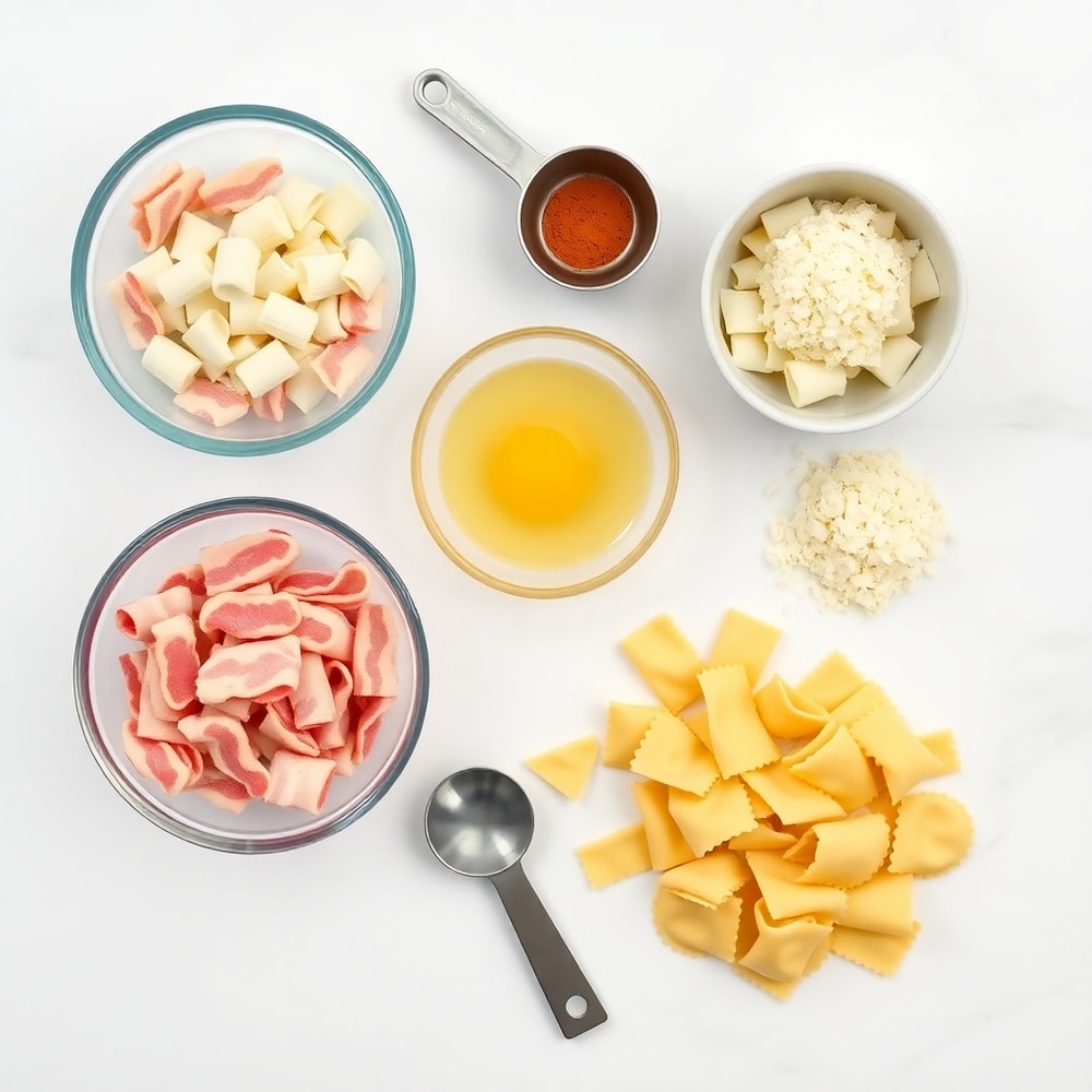 Raw ingredients for tortellini carbonara: bacon, garlic, eggs, parmesan, tortellini