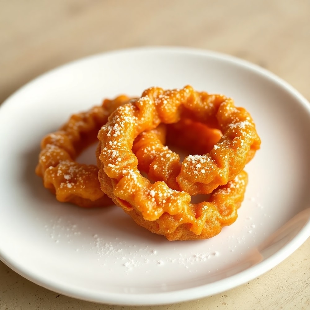 Crispy Air Fryer Cinnamon Apple Rings on a white plate with a sprinkle of powdered sugar
