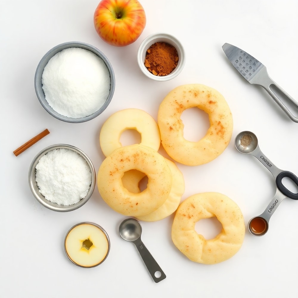 Raw ingredients for Air Fryer Cinnamon Apple Rings on a white marble surface