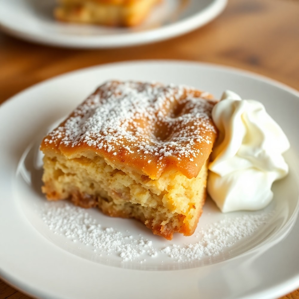 One perfect serving of Amish Cinnamon Flop on a white plate with a sprinkle of powdered sugar and a side of whipped cream