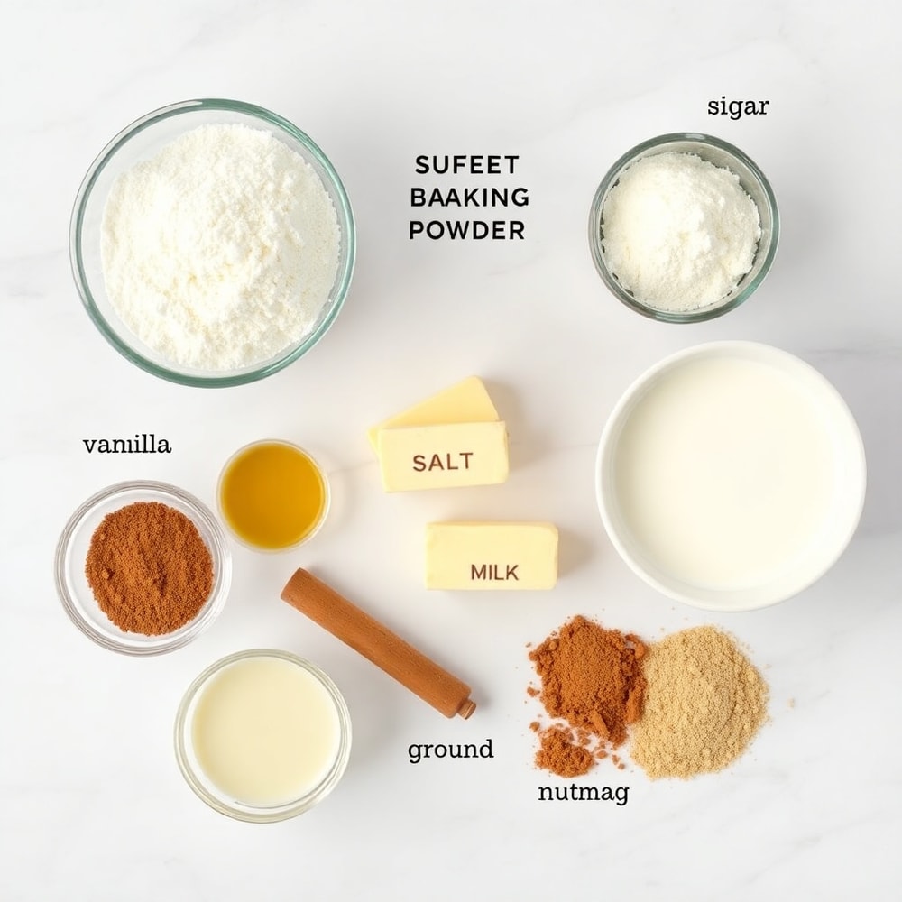 Raw ingredients for Amish Cinnamon Flop including flour, sugar, cinnamon, and butter arranged on a white marble surface